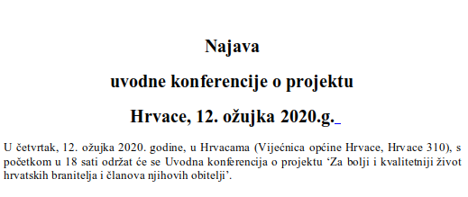 Najava uvodne konferencije o projektu - Hrvace, 12. ožujka 2020.g. 