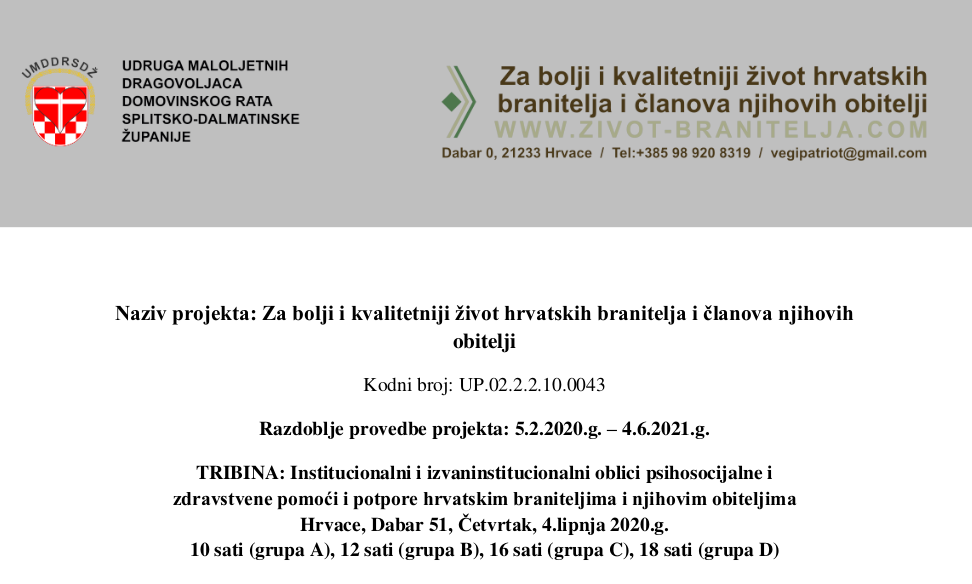 Najava tribine: "Institucionalni i izvaninstitucionalni oblici psihosocijalne i zdravstvene pomoći i potpore hrvatskim braniteljima i njihovim obiteljima"