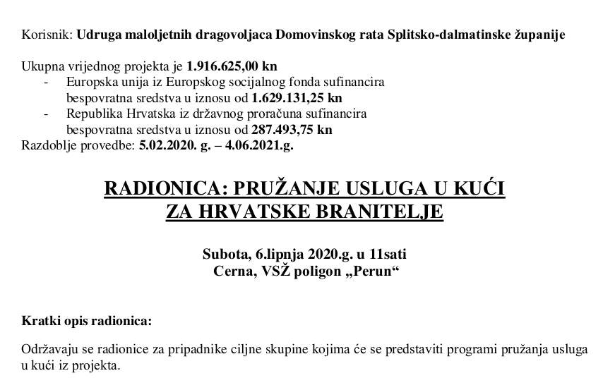 Najava radionice: "Pružanje usluga u kući za hrvatske branitelje" u Cerni
